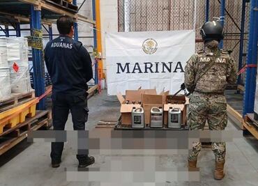 Aseguran 114 litros de precursor de metanfetamina en puerto de Manzanillo; procedían de Michoacán