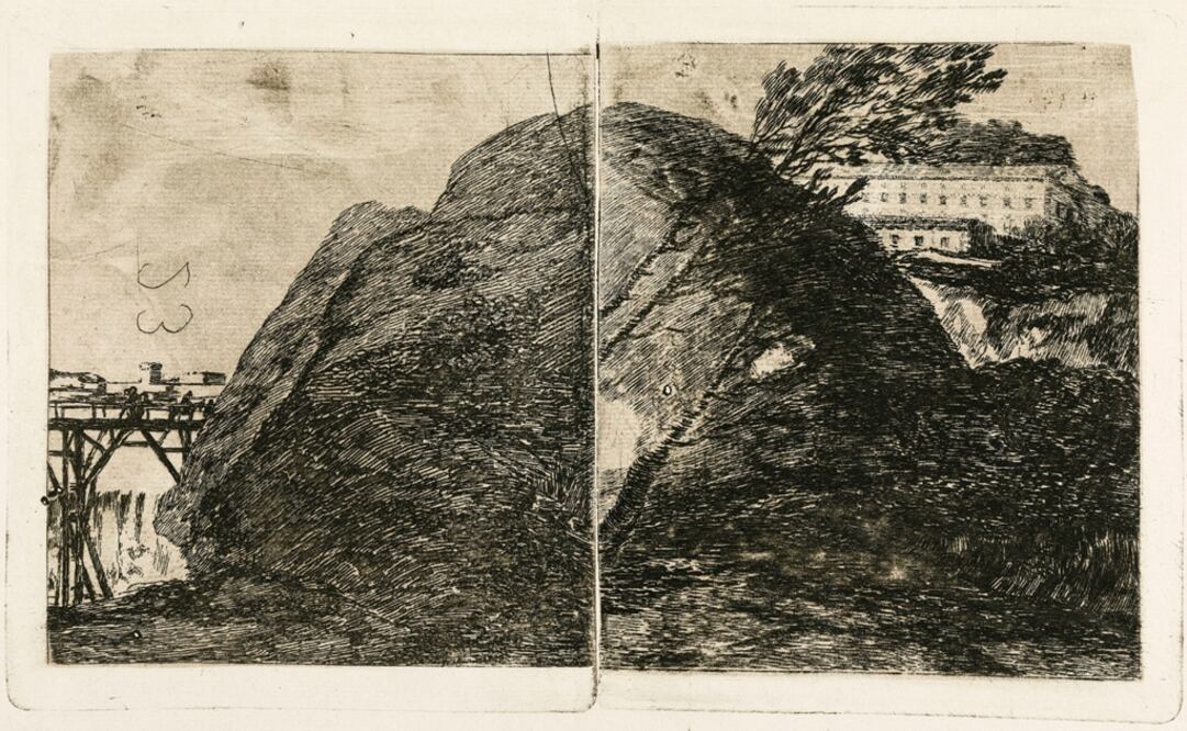 "Paisaje con peñasco, construcciones y cascada", obra de Francisco de Goya. Foto: Twitter / Diputación Zaragoza
