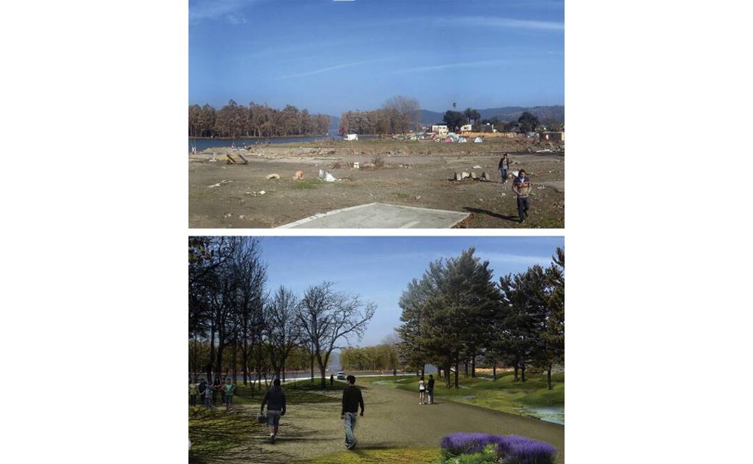 Arriba, estado en el que quedó la ciudad de Constitución, una de las más desvastadas por el terremoto y el tsunami que sacuió Chile en febrero de 2010. Abajo, la reconstrucción llevada a cabo por el colectivo de arquitectura Elemental, que dirige el arquitecto chileno Alejandro Aravena. FOTO: EFE.