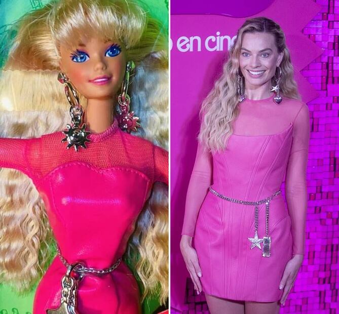 Margot Robbie promociona en México la película de Barbie, y estido rosa fue como como el de Barbie Aretes Mágicos. Foto: EFE.
