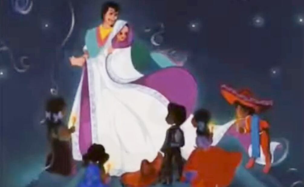 Versiones de María y José, rodeados de niños con vestimentas mexicanas. A quien sería madre de Jesús se le atribuyó una estética muy bella, con ropa blanca para resaltar la idea de su pureza, pues a final de cuentas la historia se basaba en el tradicional relato católico de estos sucesos. Foto: Captura de pantalla/CFA Ruíz/CONACINE.