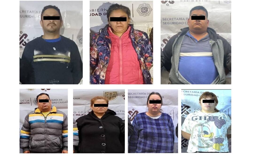 Los detenidos fueron identificados como  Ángel Manuel Morales Ávila alias “El Chaca”, Jesús Alva Clavel, alias “El Kamala”, Karla Jaqueline Góngora Vázquez, Yazmín Guadalupe Rodríguez Zepeda, Leticia Aguilar, Jaime Morales y Alejandra Salazar Vilchis, alias “La Patrona”. Foto: Especial