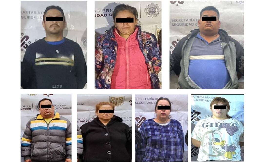 Los detenidos fueron identificados como Ángel Manuel Morales Ávila alias “El Chaca”, Jesús Alva Clavel, alias “El Kamala”, Karla Jaqueline Góngora Vázquez, Yazmín Guadalupe Rodríguez Zepeda, Leticia Aguilar, Jaime Morales y Alejandra Salazar Vilchis, alias “La Patrona”. Foto: Especial