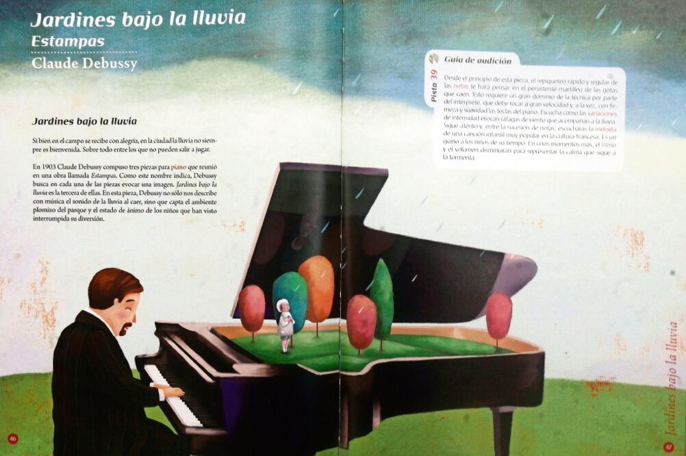 Ilustración de Margarita Sada sobre “Jardines bajo la lluvia” de Debussy (IMAGEN TOMADA DEL LIBRO EL AGUA)