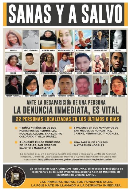 Fiscalía de Sonora localizó a 22 personas desparecidas en los últimos 8 días