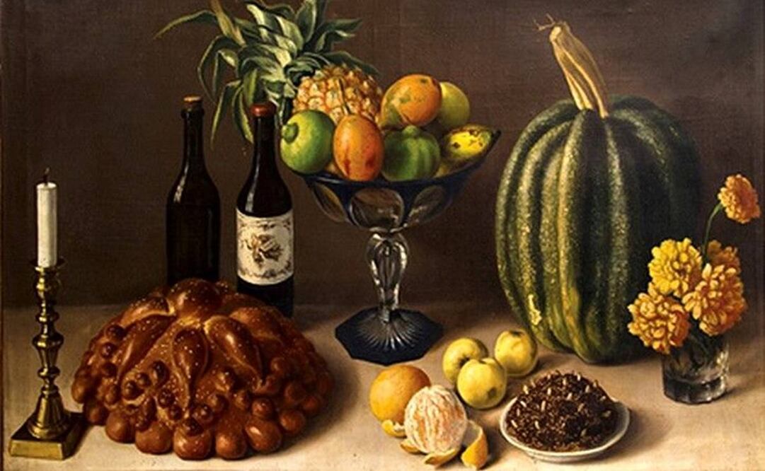 Este cuadro de José Agustín Arrieta representa no sólo el pan de muerto, sino toda una ofrenda de Día de Muertos del siglo XIX, con flores, bebidas, fruta y velas. ESPECIAL.