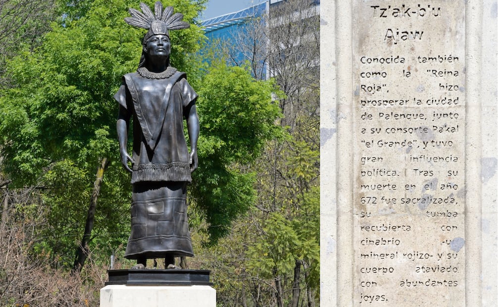 Estatua que plasma a Tz'ak-b'u Aha, mejor conocida como la “Reina Roja”, y lo que describe su pedestal. Fotos: Santiago Cadena / EL UNIVERSAL