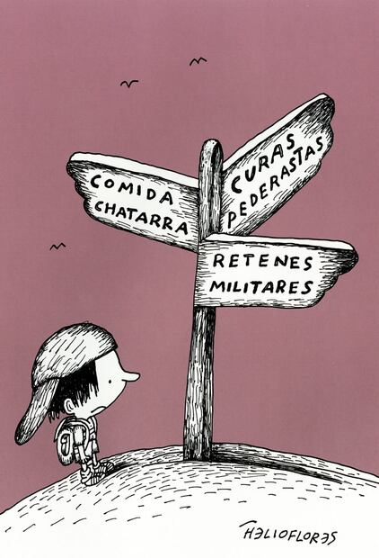 Caricatura “Encrucijada”, publicada en 2010. Foto: Helioflores/50 años de cartones, crítica y humor.