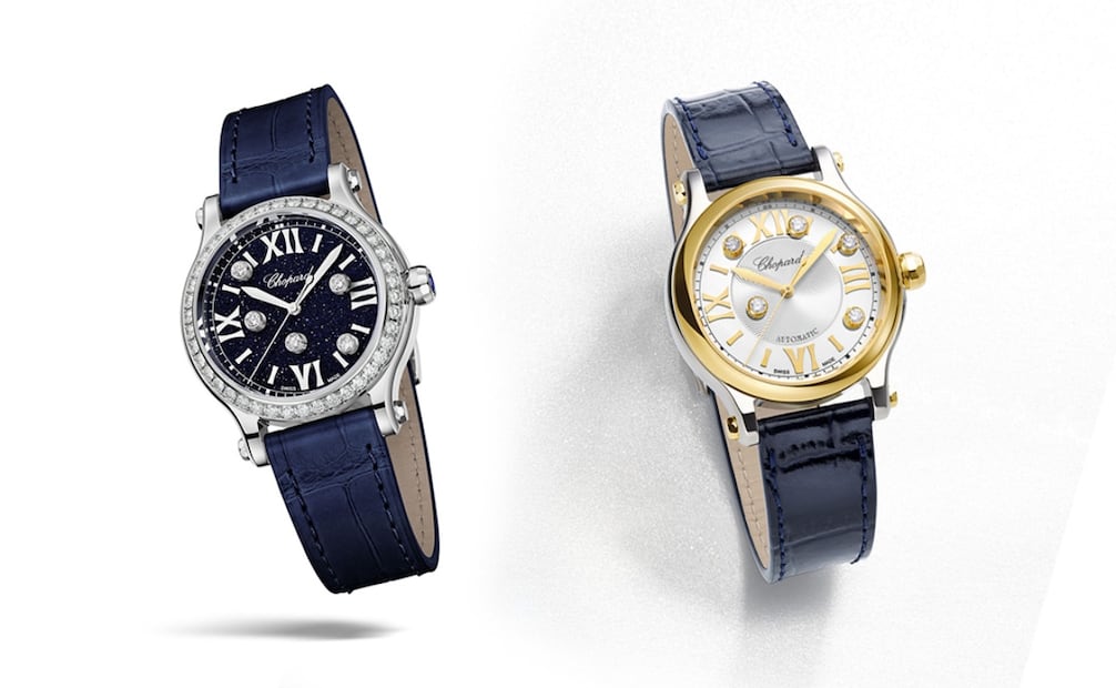 Happy Sport de 33 mm en oro blanco ético con bisel de diamantes y cinco diamantes móviles y Happy Sport de 33 mm en Lucent Steel y oro amarillo ético con cinco diamantes móviles. Fotos: Cortesía