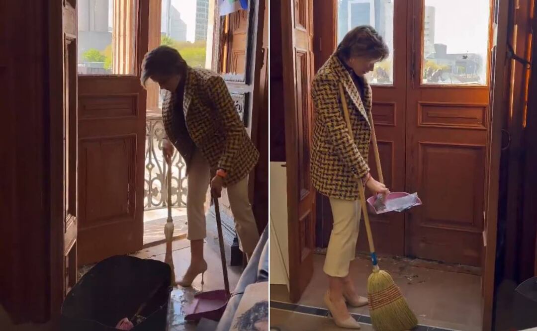 Foto: Tomada de IG @marianardzcantu/ Mariana Rodríguez barriendo destrozos en el Palacio de Gobierno