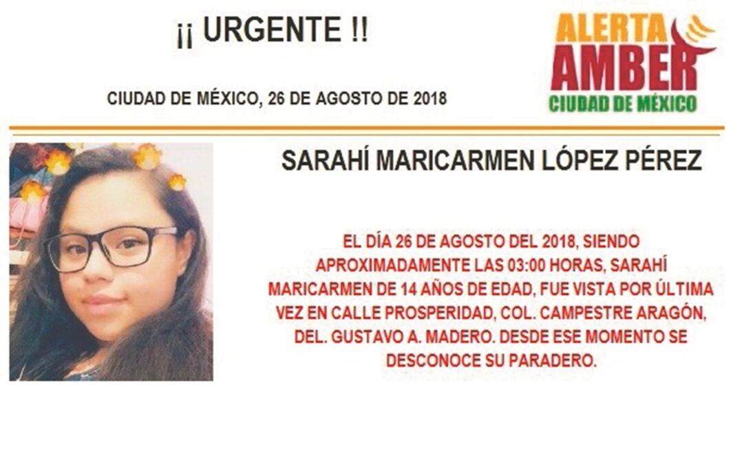 Desaparecida. El 26 de agosto, la procuraduría publicó una imagen de cómo luce Sarahí Maricarmen