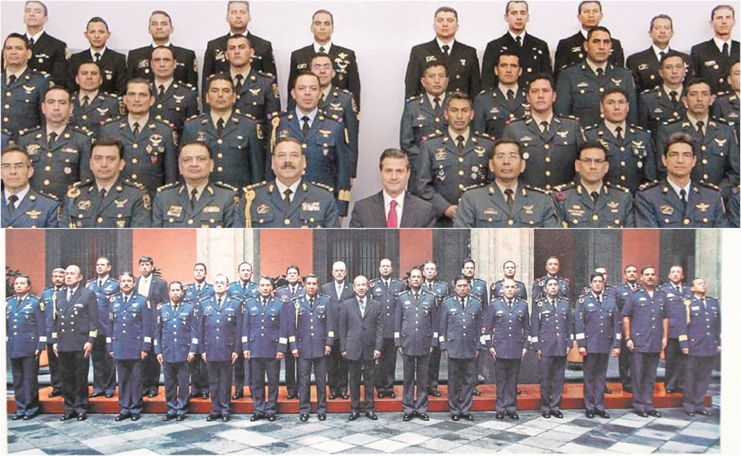 El presidente Enrique Peña Nieto rodeado por los integrantes del Estado Mayor Presidencial, quienes han recibido capacitación militar y académica impartida por especialistas de EU, Canadá, Gran Bretaña e Israel. (FOTOS TOMADAS DEL LIBRO ESTADO MAYOR PRES)