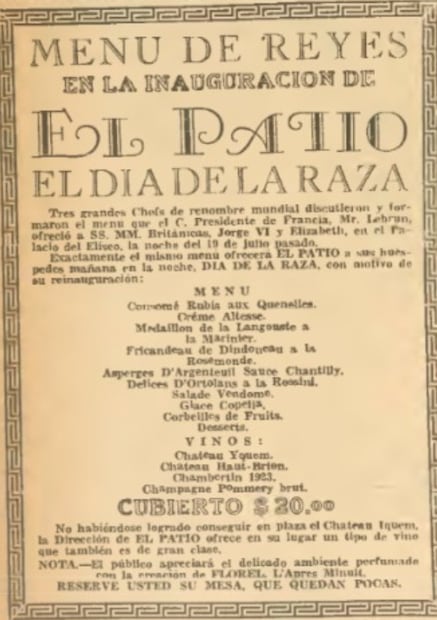 Menú en El Patio en su inauguración en 1938. Hemeroteca EL UNIVERSAL.