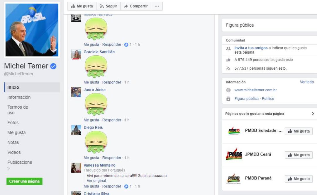 Pantallazo perfil de Facebook Michel Temer