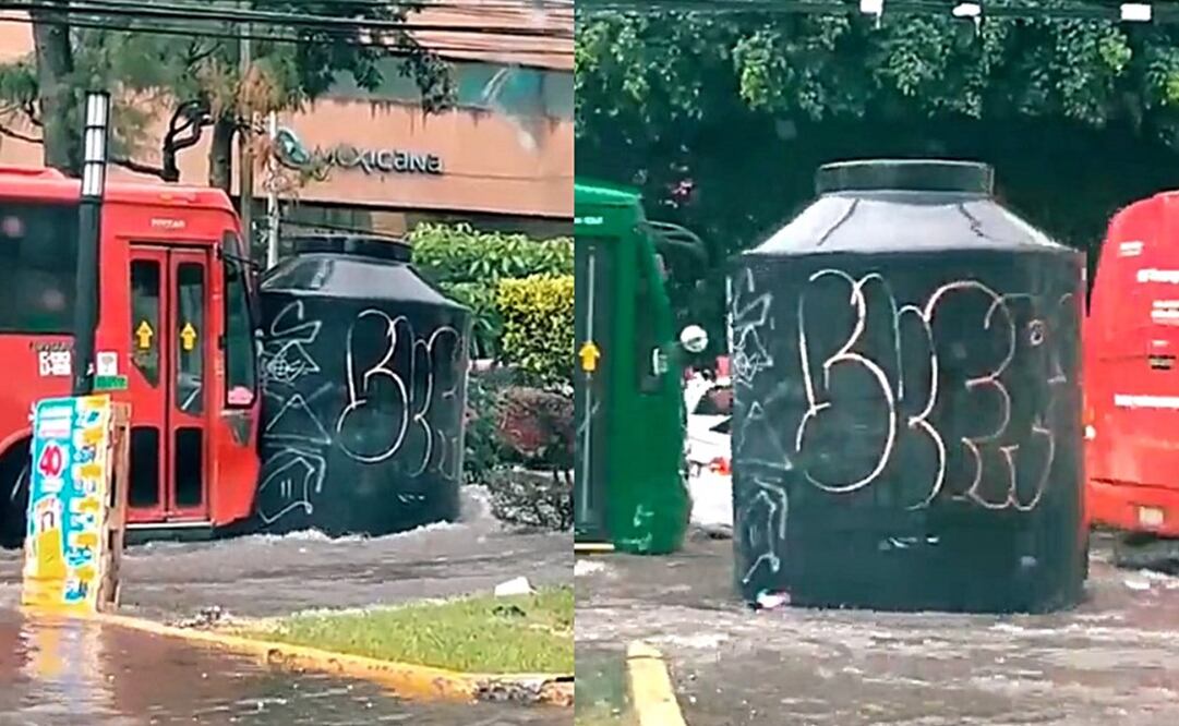 El tinaco también chocó con un autobús de pasajeros. Foto: Twitter