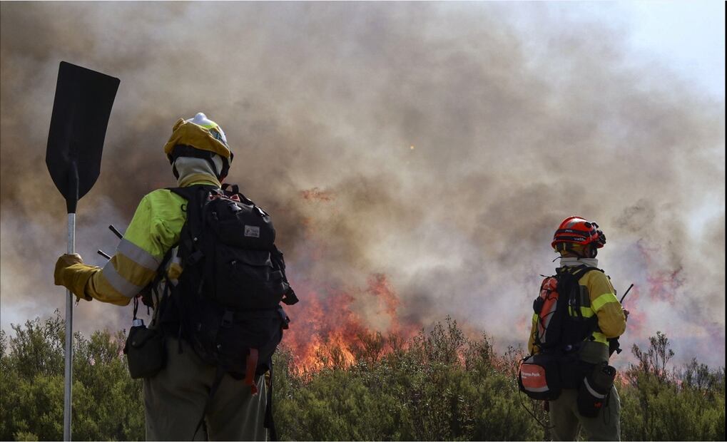 Brigadistas trabajan en la extinción del Incendio forestal que afecta a Puercas, Zamora, en la Sierra de la Culebra, España, el 12 de agosto de 2025. Foto: EFE