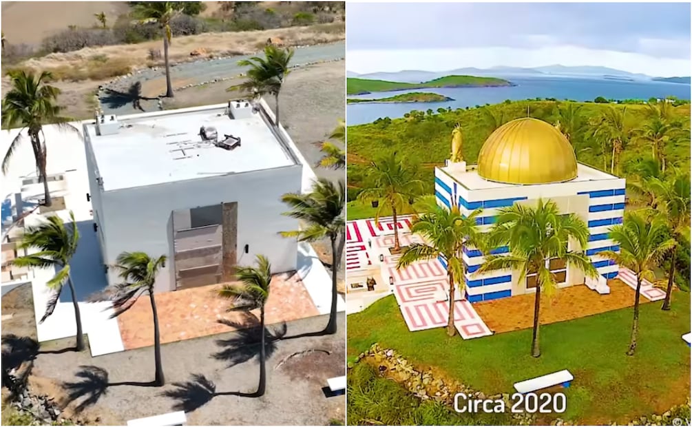 Templo de Jeffrey Epstein antes y en 2023. Foto: YouTube Tyler Oliveira
