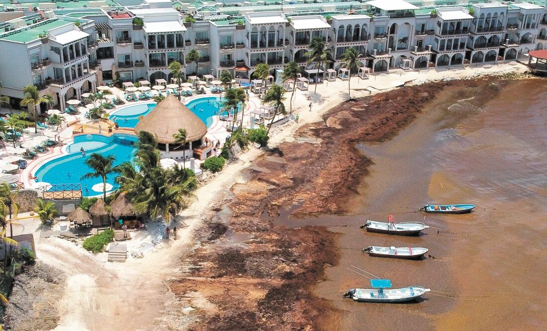 Sargazo acumulado en Playa del Carmen, Quintana Roo, uno de los destinos preferidos por viajeros. Foto: MANUEL VALVE. XINHUA
