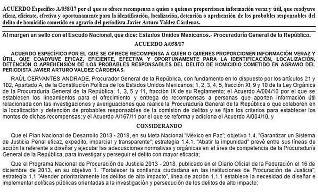 En el Diario Oficial de la Federación fue publicado el anuncio de las recompensas y se especifica el monto que se entregará en cada caso. (DOF)