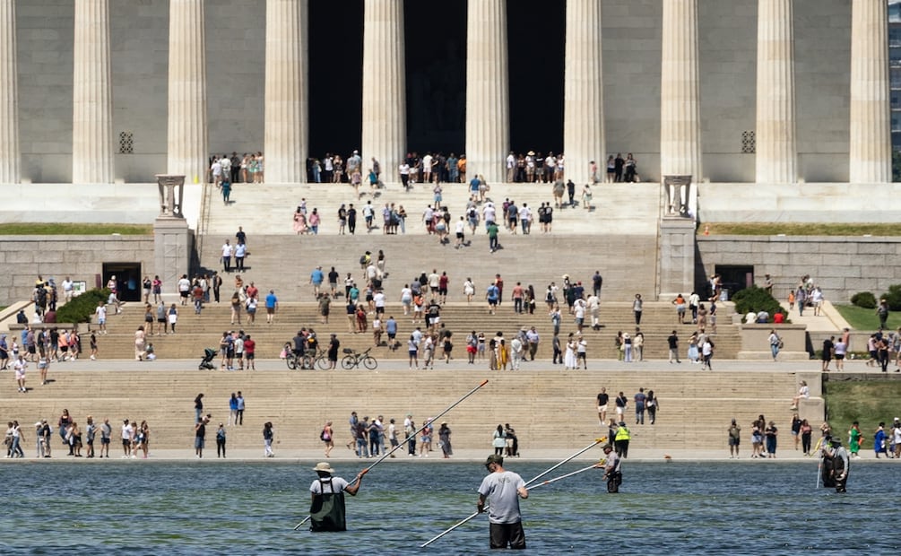 Operarios gubernamentales intentan eliminar la proliferación de algas en el estanque reflectante y mantener el color azul que Trump ansía para celebrar el próximo 4 de julio. Foto: AFP
