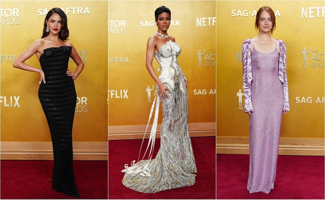 Eiza González, Teyana Taylor y Emma Stone en la alfombra roja de los SAG Awards.
Fotos: AP / Richard Shotwell