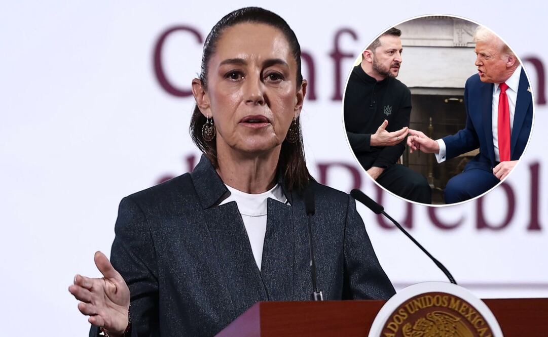 Claudia Sheinbaum, presidenta de México, durante la mañanera del 3 de marzo del 2025. En el círculo, Donald Trump, presidente de Estados Unidos y Volodimir Zelensky, presidente de Ucrania. Foto: Berenice Fregoso / EL UNIVERSAL y EFE
