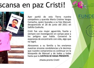 Muere madre buscadora en Coahuila; familias honran su memoria