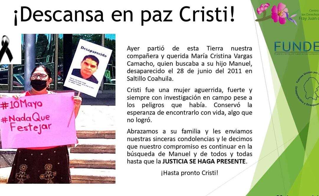 La buscadora María Cristina Vargas Camacho falleció sin poder encontrar a su hijo Manuel Hernández Camacho. Foto: especial