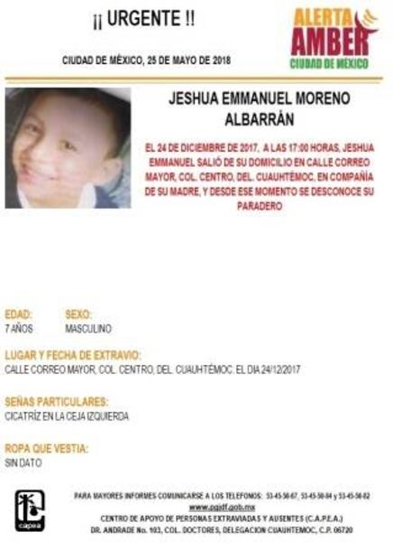 Alerta Amber para localizar a un menor extraviado en delegación Cuauhtémoc