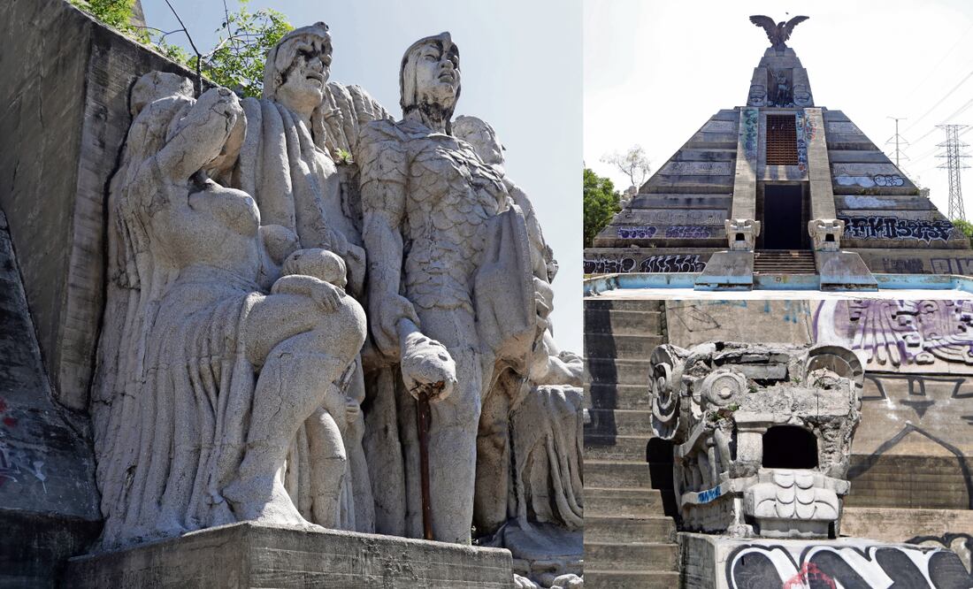 Pese a que el Gobierno capitalino inició trabajos de limpieza y reparación, el Monumento a la Raza sigue mostrando el deterioro por años de abandono. Foto: Carlos Mejía / EL UNIVERSAL