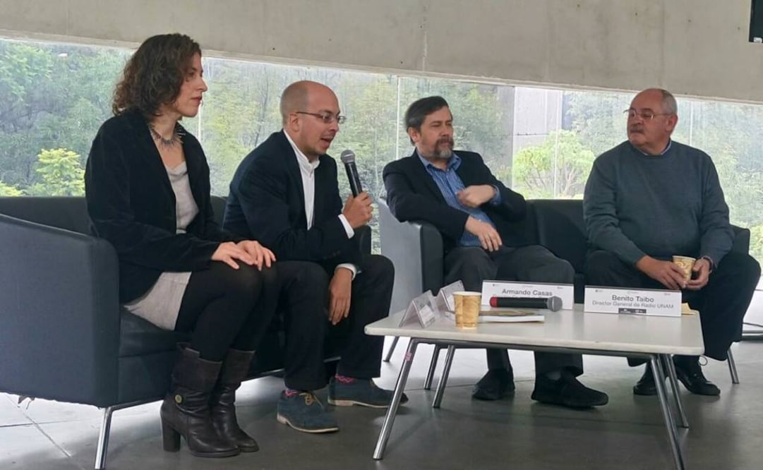 Guadalupe Nettel, directora de la Revista de la Universidad de México; Jorge Volpi, coordinador de Difusión Cultural de la UNAM; Armando Casas, director de TV UNAM y Benito Taibo, director de Radio UNAM. FOTO: Rodrigo Mendoza/EL UNIVERSAL.