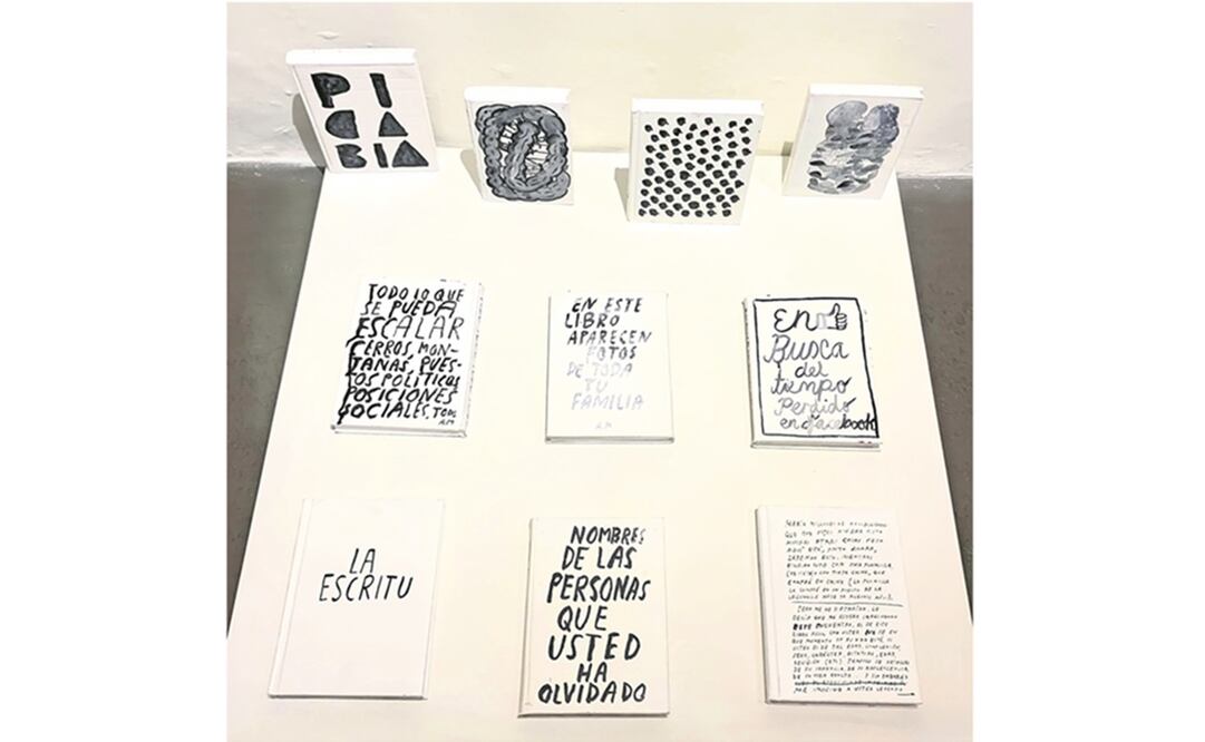 Para Libros fósiles, Magallanes decidió sumergir libros que ya nadie leía en pintura blanca y dibujar sobre ellos. Fotos: Cortesía