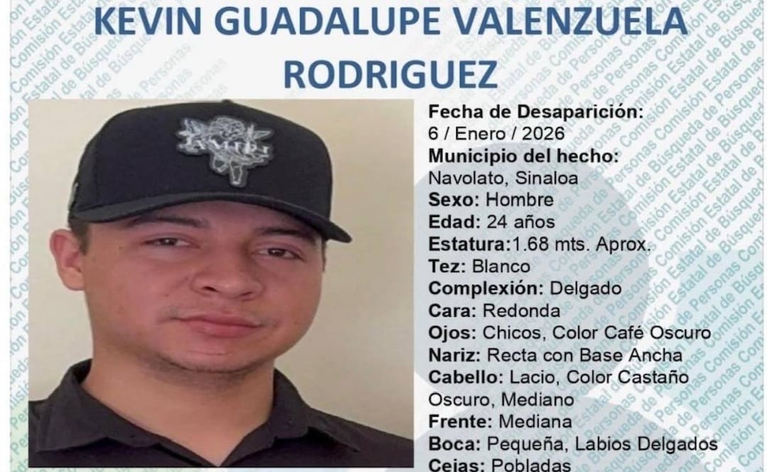 Emiten ficha de búsqueda de elemento de la Policía Municipal de Navolato de nombre, Kevin Guadalupe Valenzuela Rodríguez (07/01/2026). Foto: Especial