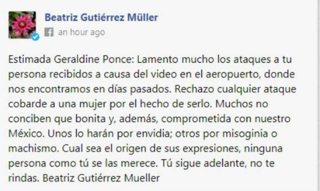 Manda Beatriz Gutiérrez mensaje de apoyo a Geraldine Ponce