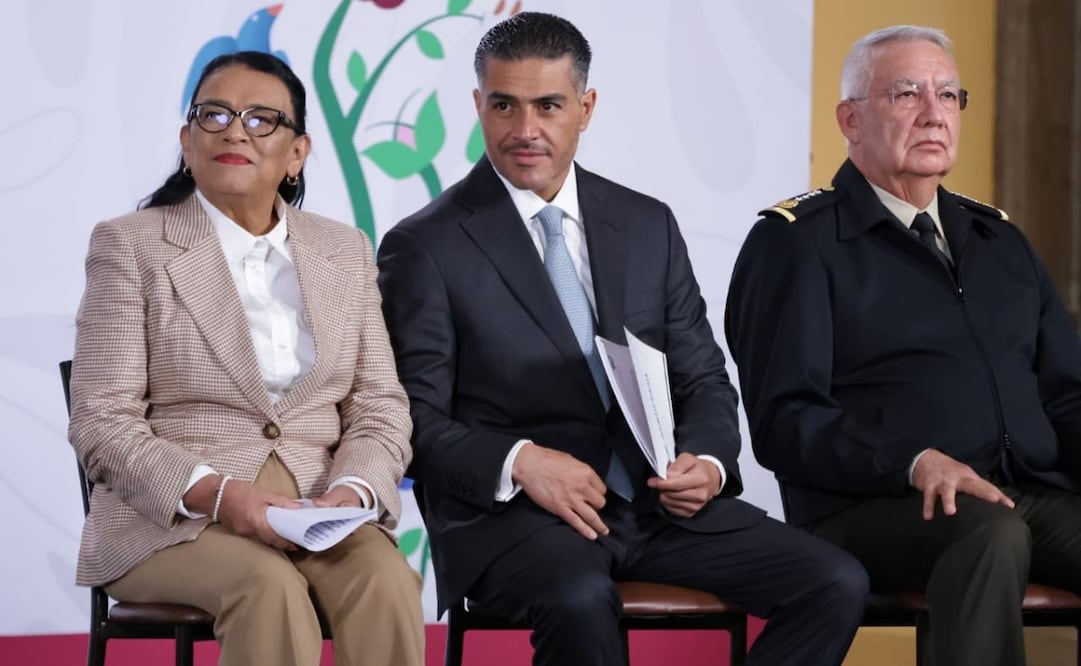 Rosa Icela Rodríguez, Omar García Harfuch y Ricardo Trevilla en la “Mañanera del Pueblo” del 27 de mayo de 2026 en Palacio Nacional. Foto: Fernanda Rojas/ EL UNIVERSAL