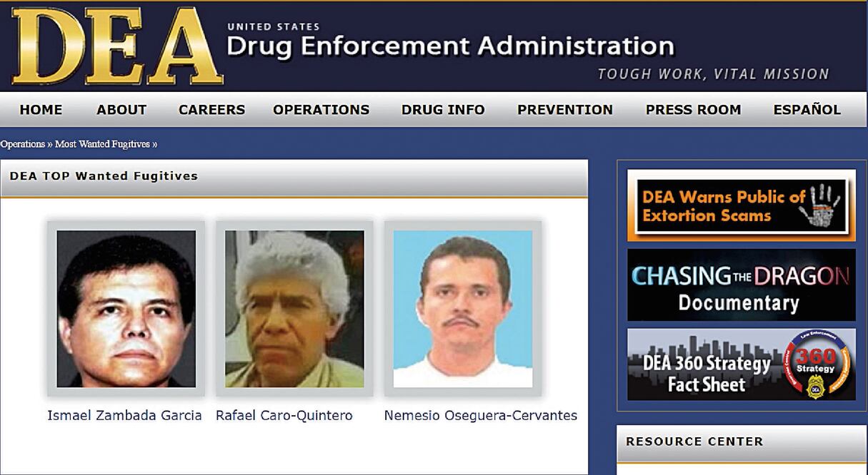 La DEA publicó en su página de internet la lista de los prófugos más buscados, en la que aparecen El Mayo Zambada, Caro Quintero y ahora Nemesio Oseguera El Mencho (DEA)