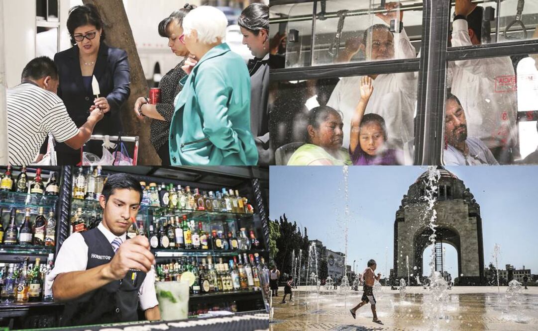 Familias, grupos de jóvenes y niños que salían de la escuela tomaron las fuentes del Monumento a la Revolución como un balnerario, se quitaron los zapatos y corrieron entre los chorros de agua, los cuales fluían de manera intermitente (LUCÍA GODÍNEZ)