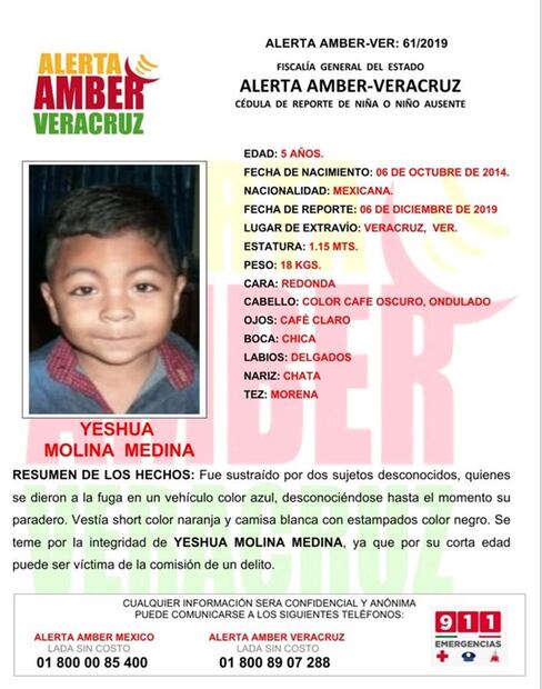 Activan Alerta Amber por Yeshua, niño de 5 años raptado en Veracruz 