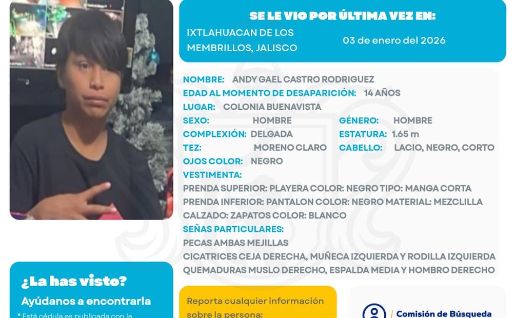 Ficha de búsqueda de Andy, desaparecido en Ixtlahuacán (06/01/2026). Foto: Especial