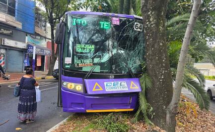 Camión de transporte público choca contra árbol en alcaldía Miguel Hidalgo; policías de tránsito resguardan la zona