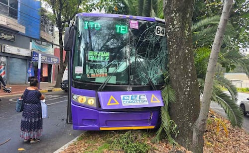 Camión de transporte público choca contra árbol en alcaldía Miguel Hidalgo; policías de tránsito resguardan la zona