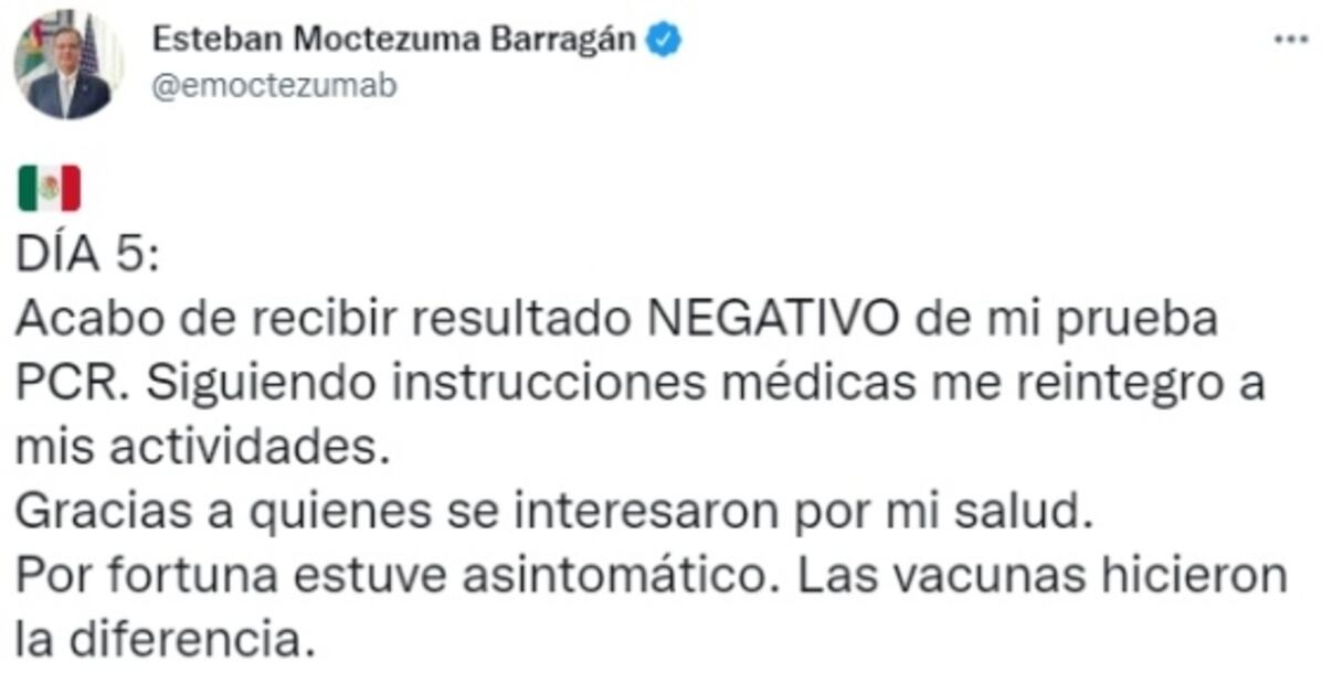 Embajador Esteban Moctezuma se reintegra a actividades al dar negativo a Covid-19