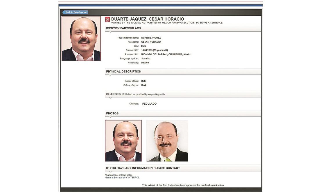 En la ficha aparecen dos fotos de Duarte y se le imputa el delito de peculado. (EFE)