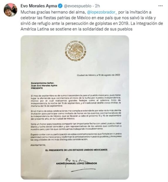 Evo Morales recibe invitación de AMLO para venir a celebrar la Independencia de México 