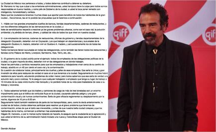 Damián Alcázar escribe carta a Mancera