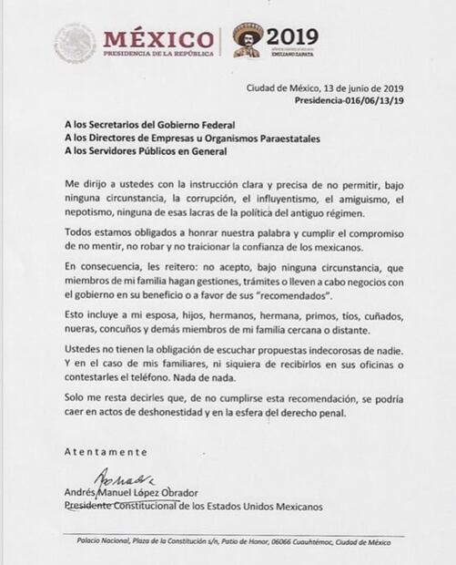 AMLO da a conocer memorándum contra el influyentismo y la corrupción