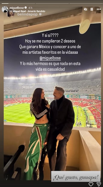 Belinda y Miguel Bosé disfrutaron juntos del partido México-Ecuador en el Estadio Ciudad de México.