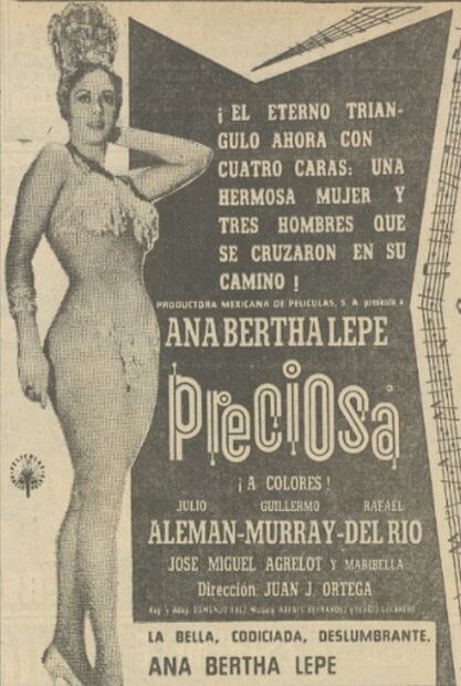 Ana Bertha Lepe, protagonista de la cinta "Preciosa", en 1965.
Hemeroteca EL UNIVERSAL.