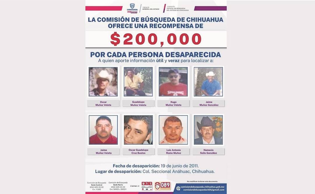 La Comisión de Búsqueda en Chihuahua ofrece 200 mil pesos a quien proporcione información de los integrantes de la familia Muñoz Veleta. Foto: Especial
