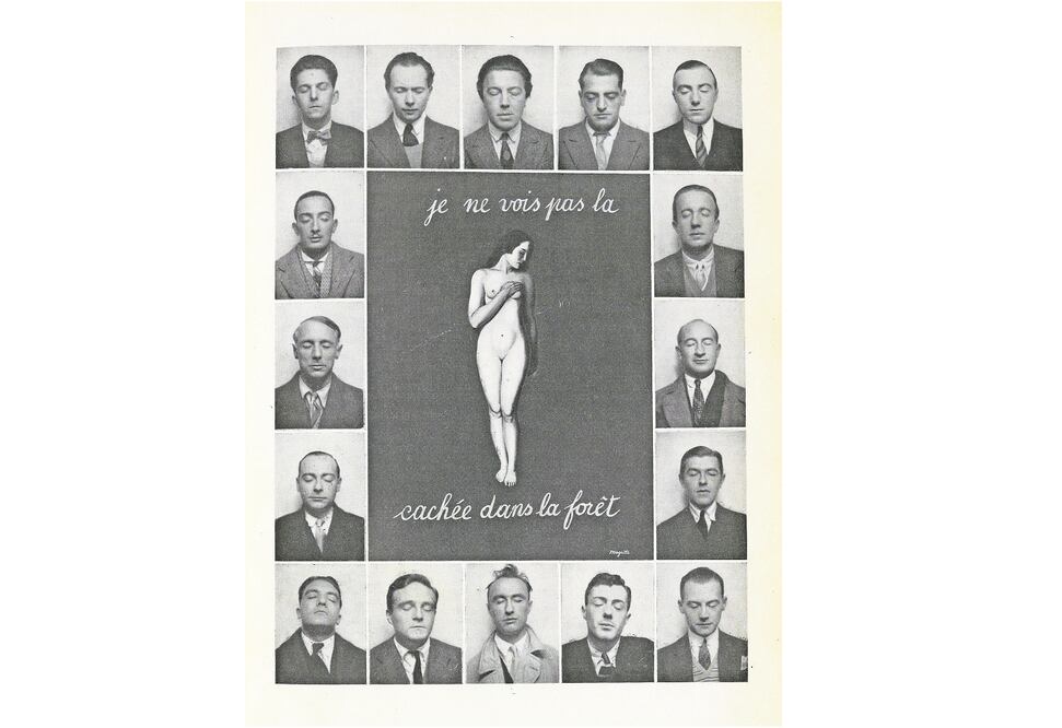 René Magritte, Je ne vois pas la (femme) cachée dans la forêt (No veo a la [mujer] escondida en el bosque), fotomontaje con fotografías de pasaporte de surrealistas, en La Révolution surréaliste, núm. 12 (15 de diciembre de 1929), pág. 73. Foto: Museos Reales de Bellas Artes de Bélgica